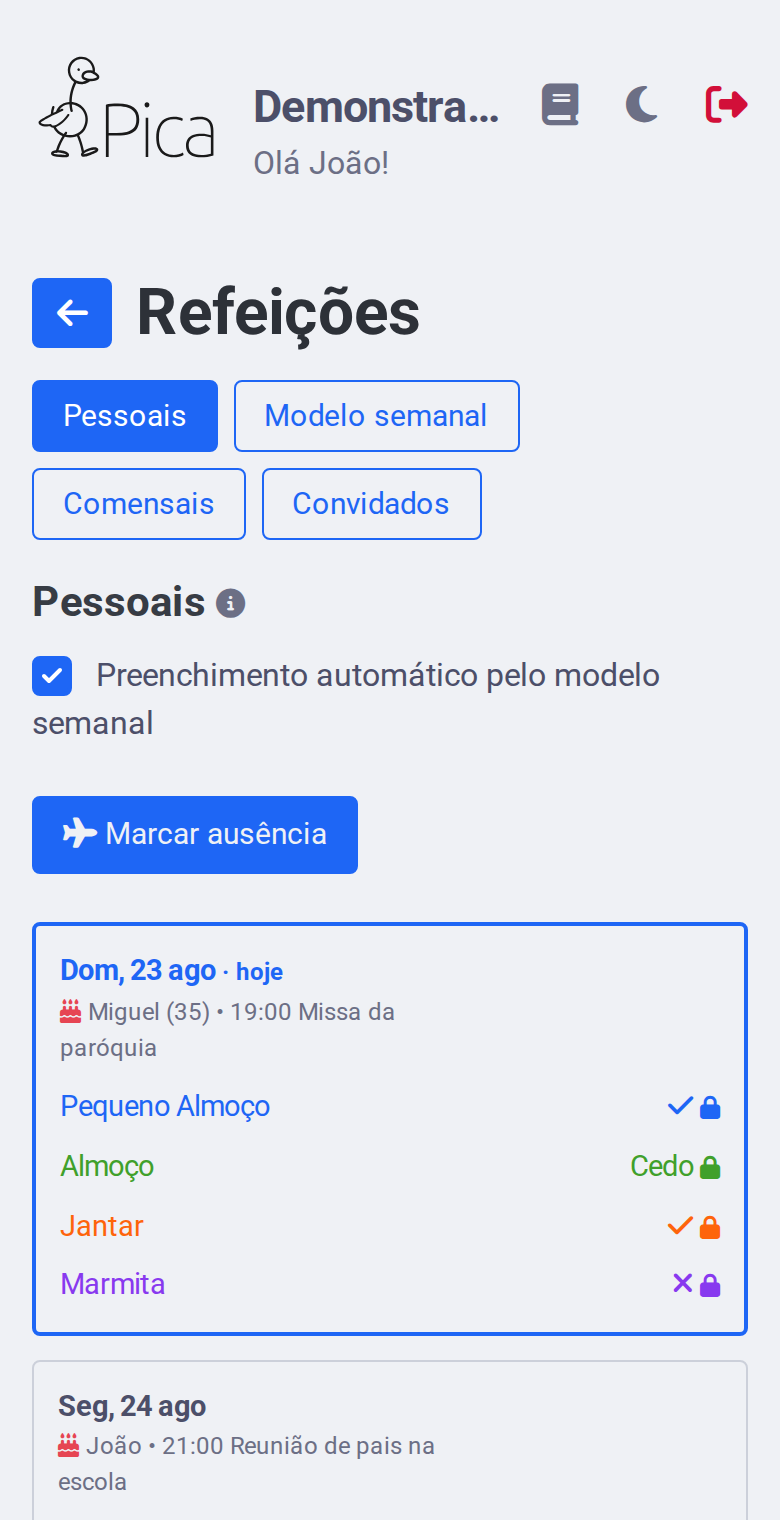 Grelha das refeições no telemóvel, com os dias e as variantes de cada refeição.